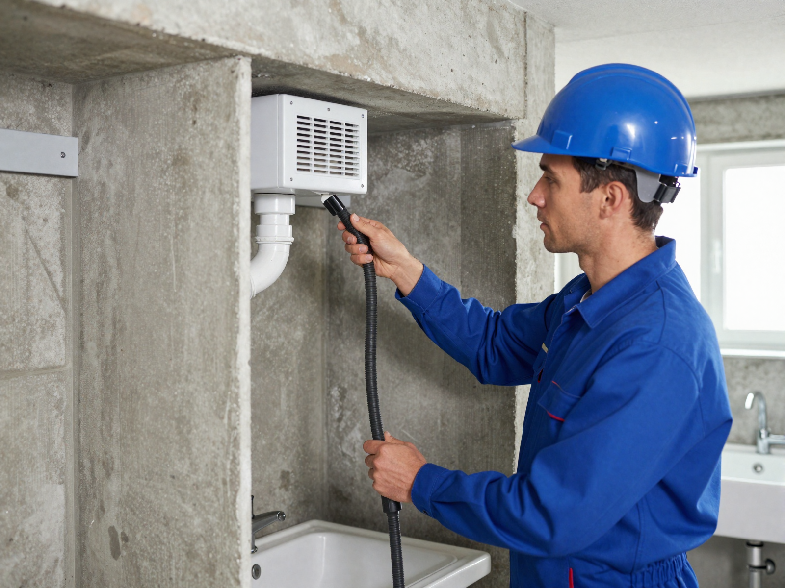Plumber using drain snake to clear clogged pipe